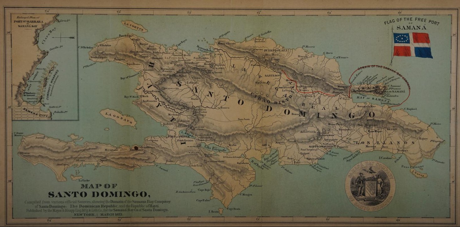 Mapa de la isla de Santo Domingo con el territorio de la Compañía de la Bahía de Samaná delimitado en rojo, plano de Santa Bárbara y bandera del puerto libre de Samaná.